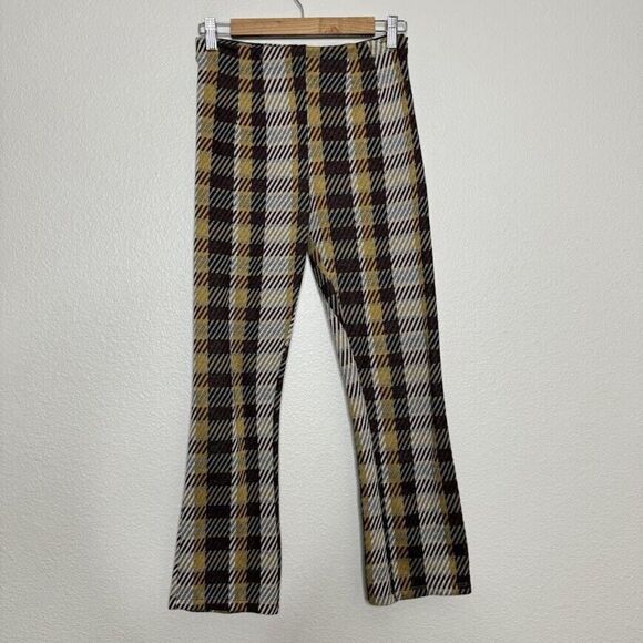Free People Pants Sz 2 Plaid Checkered Kick Flare Cropped Knit 70s Hippie Retro - Picture 1 of 15